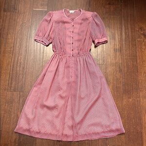 Adorable Vintage Coquette Striped Red and Pink Dress with Puff Sleeves, Size